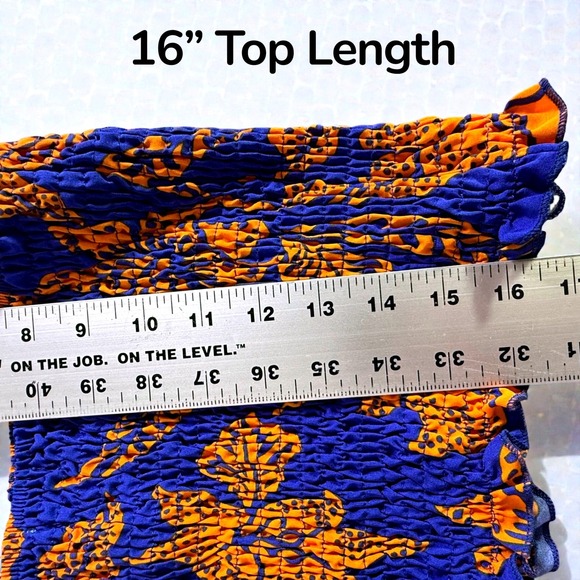 New Blue Orange Tropical Floral Smocked Crop Top Wide Leg Pants Set FY-3276 L/XL - Picture 9 of 14